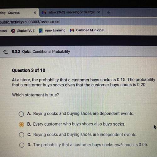 At a store, the probability that a customer buys socks is 0.15. The probability that a customer buy
