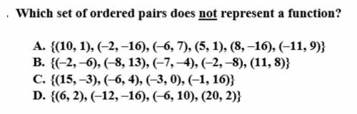Which set of ordered pairs does not represent a function?

A. {(10, 1), (–2, –16), (–6, 7), (5, 1)