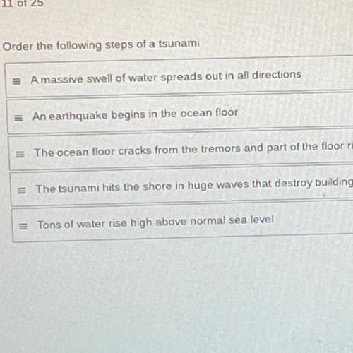Order the following steps of a tsunami

A massive swell of water spreads out in all directions
= A