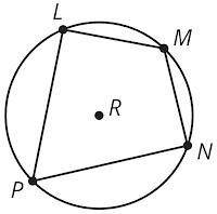 LMNP is inscribed in circle R. If the measure of angle P = 57°, and angle L = angle N, what are the