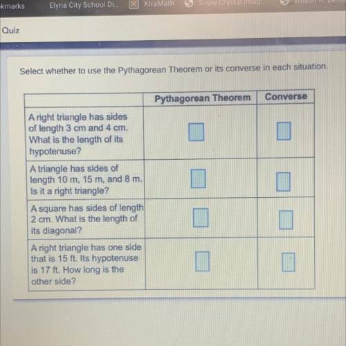 Select whether to use the Pythagorean Theorem or its converse in each situation