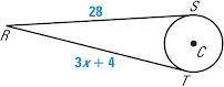 Segments RS and RT are tangent to circle C. If RS = 28 and RT = 3x + 4, find the value of x. Please