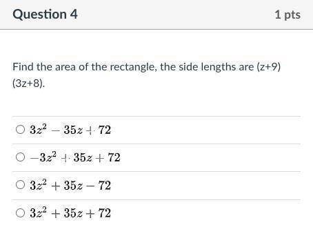 Find the area of the rectangle, the side lengths are (z+9)(3z+8).