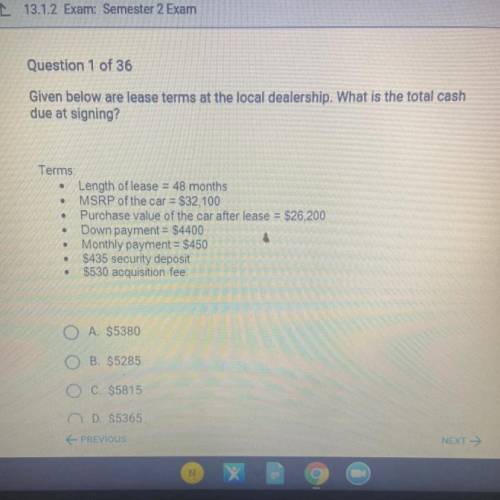 Given below are lease terms at the local dealership. What is the total cash

due at signing?
.
.
T