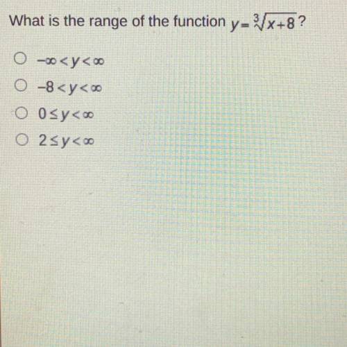 OO are infinity signs lol

What is the range of the function y=3Vx+8?
-OO < y < OO
-8 
0 <