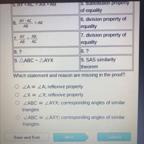 AY-AC

6. division property of
6.
= AX
AB
equality
7.
7. division property of
AB AC
equality
8. ?