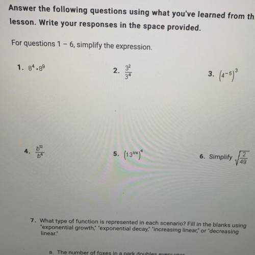 For questions 1-6, simplify the expression