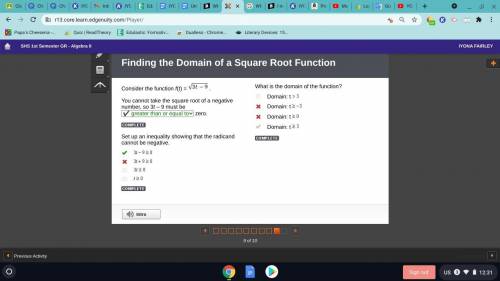 Consider the function f(t) = StartRoot 3 t minus 9 EndRoot.

You cannot take the square root of a