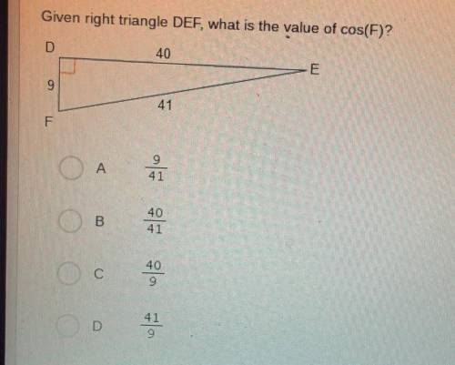 Hellppp plzzz! Given right triangle DEF, what is the value of cos(F)?​