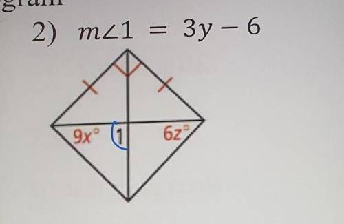 Find the values of the variable for each parallelogram 2) M angle 1 equals 3y - 6 ​
