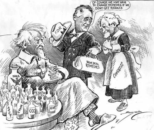 View the political cartoon below about the New Deal and analyze it. Explain who is the patient, the