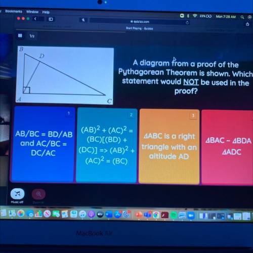 A diagram from a proof of the

Pythagorean Theorem is shown. Which
statement would NOT be used in