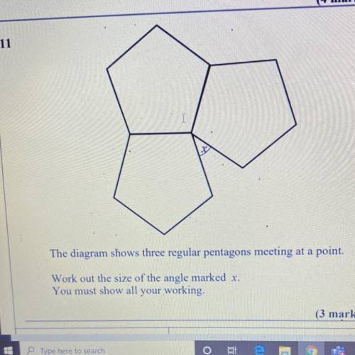 The diagram shows three regular pentagons meeting at a point.

Work out the size of the angle mark