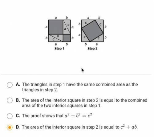 BRAINLIEST IF CORRECT! these two images show steps in a proof of the Pythagorean theorem. Which of