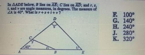 Help!

In ADE below, B lies on AE; C lies on AD; and r, s, t, and v are angle measures, in degrees