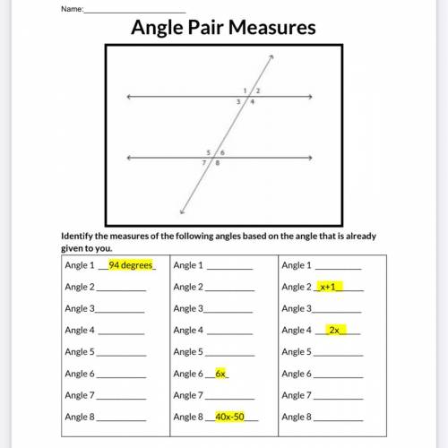 Angle Pair of measures Identify the measure of the following angles based on the angle that is alre