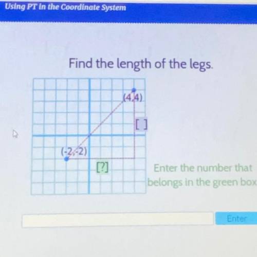 Please please help

Using PT in the Coordinate System
Find the length of the legs.
(4.4)
(-2,-2)
[