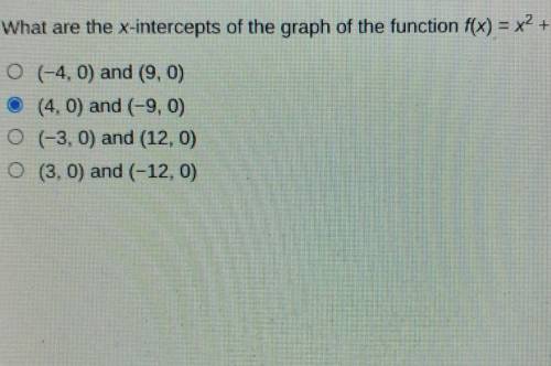 What are the x-intercepts of the graph of the function f(x) = x2 + 5x – 36? O (-4, 0) and (9, 0) 0