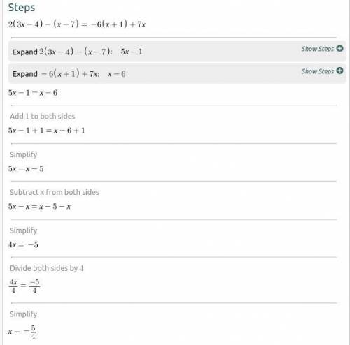 What is the answer step by step
2(3x-4)-(x-7)=-6(x+1)+7x