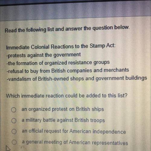 Read the following list and answer the question below.

Immediate Colonial Reactions to the Stamp