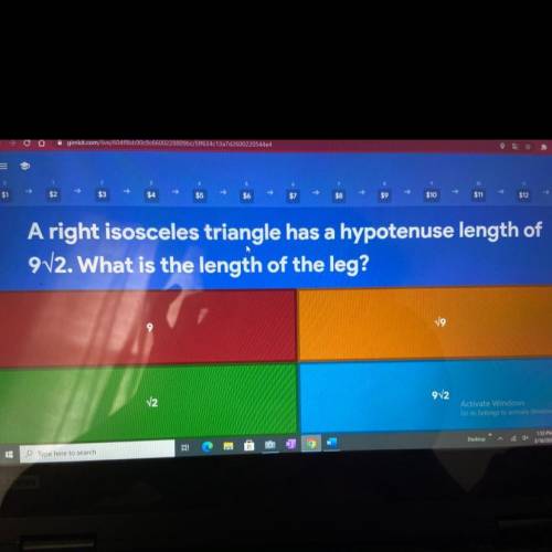 A right isosceles triangle has a hypotenuse length of

9V2. What is the length of the leg?
9
2
9
