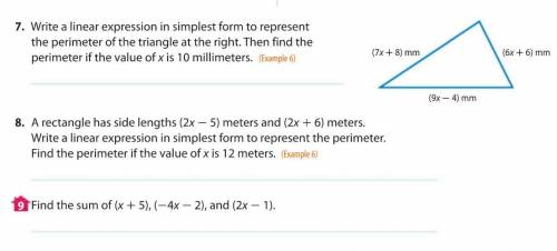 Write a linear expression in simplest form to represent the perimeter of the triangle at the right