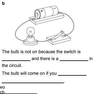 The bulb is not on because the switch is___

and there is a____in the circuit.
The bulb will come