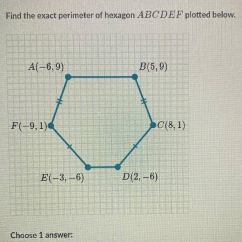 Find the exact perimeter of hexagon ABCDEF plotted below.

A(-6,9)
B(5,9)
F(-9,1)
C(8,1)
E(-3,-6)