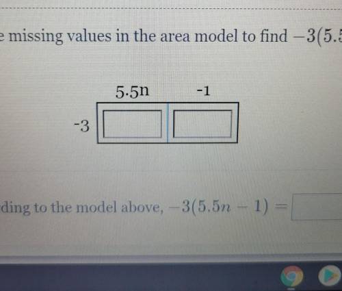 Enter the missing values in the area model to find –3(5.5n – 1) 5.5n According to the model above,