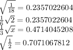 \sqrt{\frac{1}{18} } =0.2357022604\\\frac{1}{6} \sqrt{2} =0.2357022604\\\frac{1}{3} \sqrt{x} =0.4714045208\\\sqrt{\frac{1}{2} } =0.7071067812