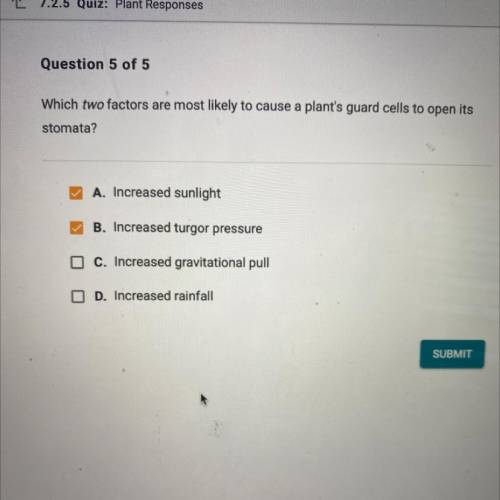 Which two factors are most likely to cause a plants guard cells to open its stomata.

Please help,