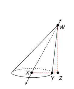 If XY is 4 m and WZ is 9 m, the exact volume of the cone is ___π square meters.