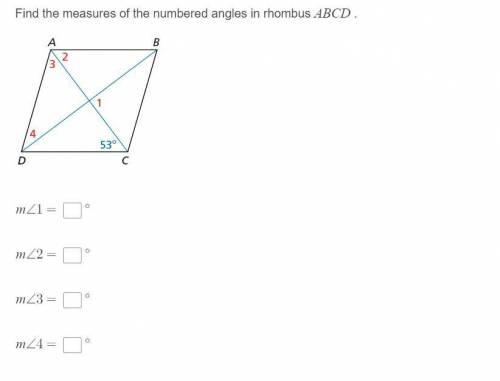 Find the measures of the numbered angles in rhombus ABCD