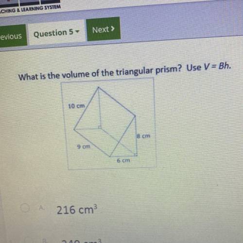What is the volume of the triangular prism? Use V = Bh.
10 cm
3 cm
9 cm
6 cm