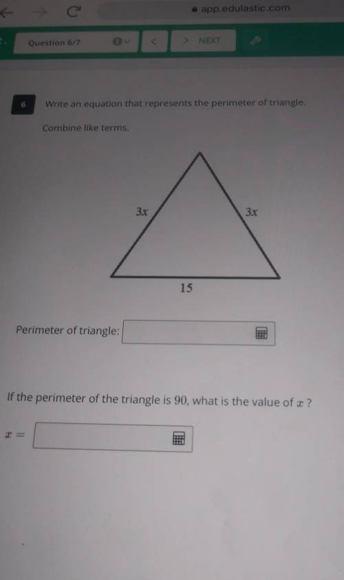 3x 3x 15 Perimeter of triangle: If the perimeter of the triangle is 90, what is the value of x? X =