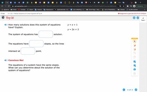 HELP PLEASE QUICKLY

How many solutions does this system of equations have? Explain.
y = x + 1
y =