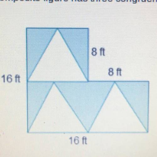 A composite figure has three congruent triangles removed from it.

What is the area of the shaded