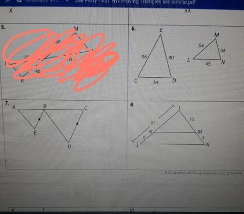 the directions say, determine whether the triangles are similar by AA, SSS, SAS, or not similar if