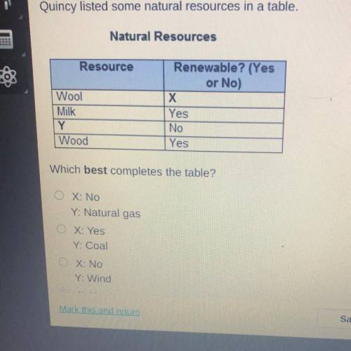 PLZ HELP ASAP

Which best completes the table?
O X: No
Y: Natural gas
X: Yes
Y: Coal
OX: No
Y: Win