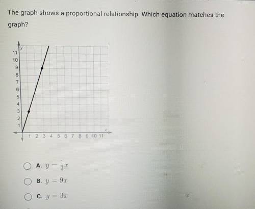 The graph shows a proportional relationship. Which equation matches the graph?

A. y = 1/3xB. y =