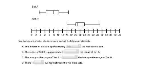Use the box-and-whisker plot to complete each of the following statements.

A. The median of Set A