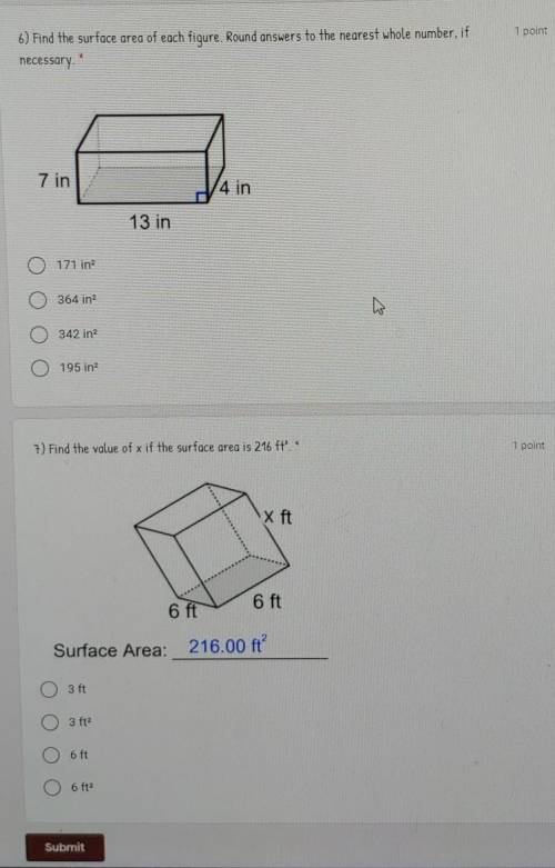 6) Find the surface area of each figure. Round answers to the nearest whole number, if necessary