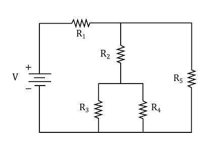 The figure shows a circuit consisting of a battery and five resistors, with resistances and the bat