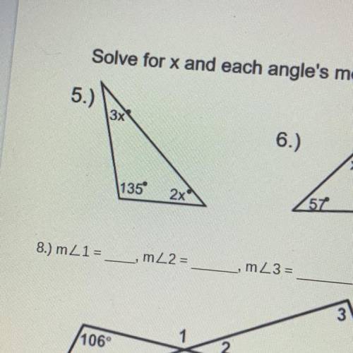 WILL MARK BRAINLIEST! Solve for x and each angles measure. Only asking for #5. Thank you!