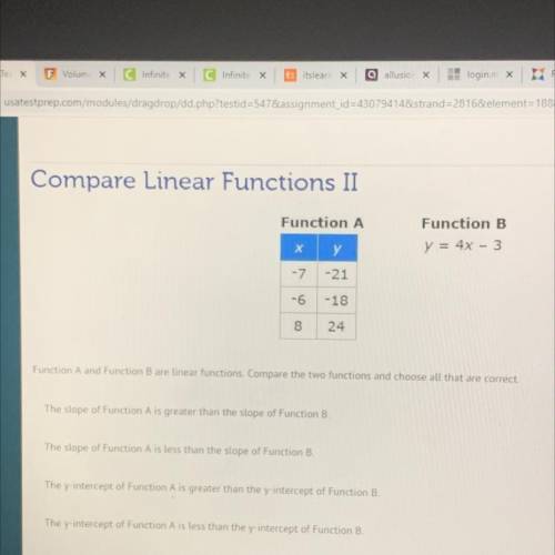 Function A and Function B are linear functions. Compare the two functions and choose all that are c