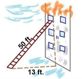 A 50 feet ladder is placed 13 feet away from a wall. How high is the window that the ladder will re