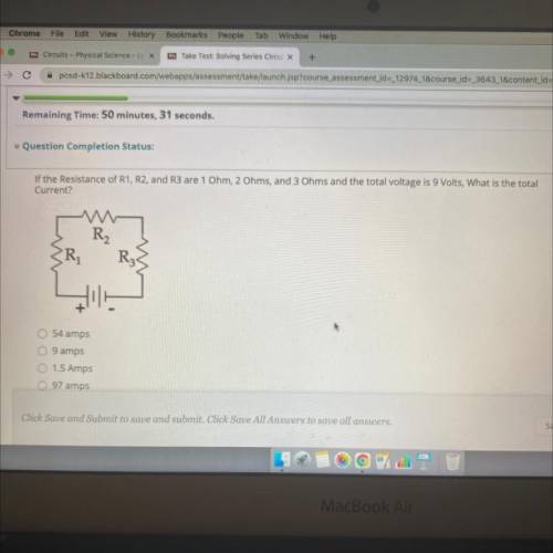 If the resistance of R1, R2, and R3 are 1 ohm, 2 ohm, and 3 ohms and the total voltage is 9 volts,