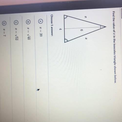 Please help! 
find the value of x in the isosceles triangle shown below.
4 
6