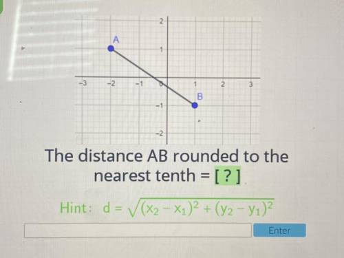 -2

A
-3
-2
2.
B
The distance AB rounded to the
nearest tenth = [?]
Hint: d= (x2 – X1)2 + (y2 – yı