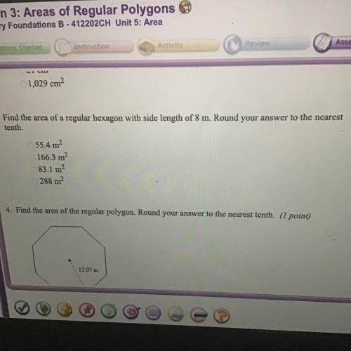 Easy question 19 points Find the area of a regular hexagon with side length of 8 m. Round your